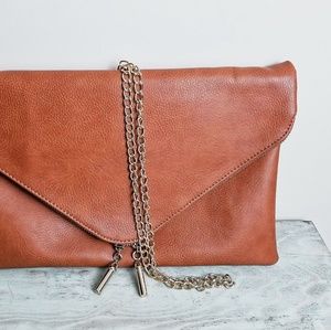 Cognac Envelope Clutch with Gold Chain Strap